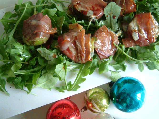 Proscuitto Wrapped Cheese Stuffed Warm Fig Salad with Arugula